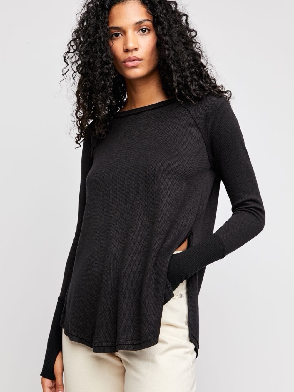 Free People We The Free Snowy Thermal Tunic Top Black Slouchy Boho Women Size S